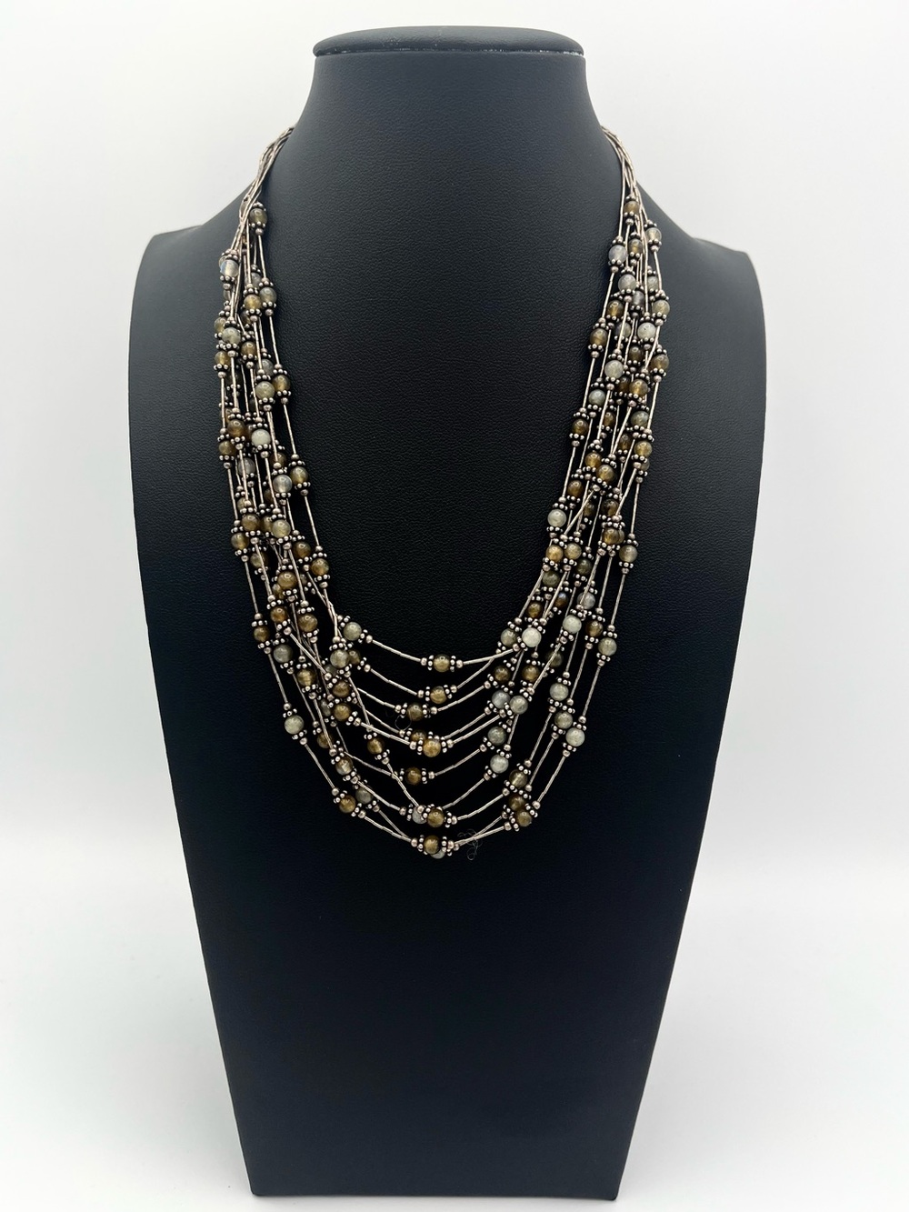 Artisan Sterling Silver Multi‑Strand Labradorite Necklace 16” – 43g Natural Gems